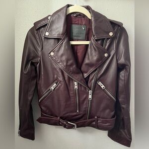 AllSaints Balfern Leather Biker Jacket in Deep Berry Burgundy Womens’ Size 0 New